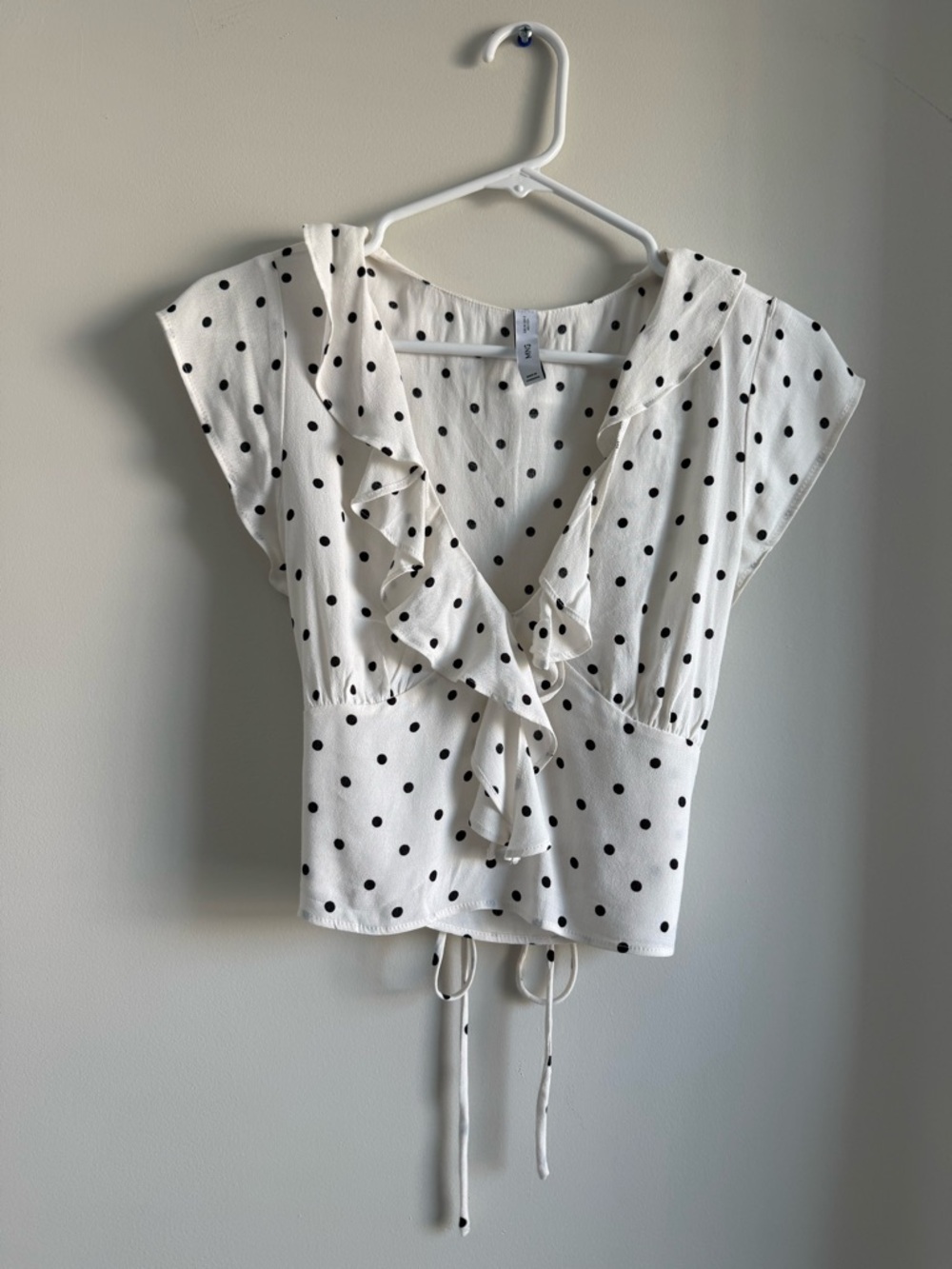 Mango White and Black Polka Dot Ruffle Tie-Front Crop Top- XS